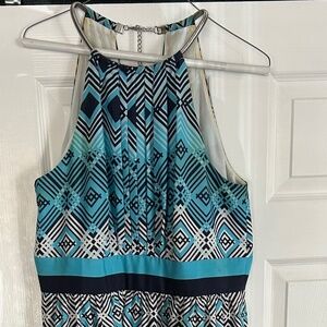 White House Black Market, Size 12, blue patterned dress with silver details